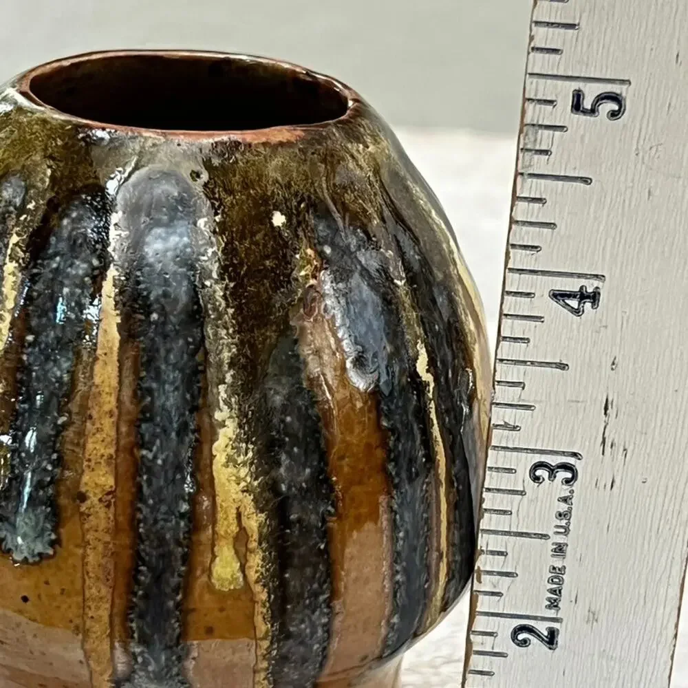 Studio Art Pottery Vase Brown Multicolor Drip Glaze Sculptural Form 5” Signed